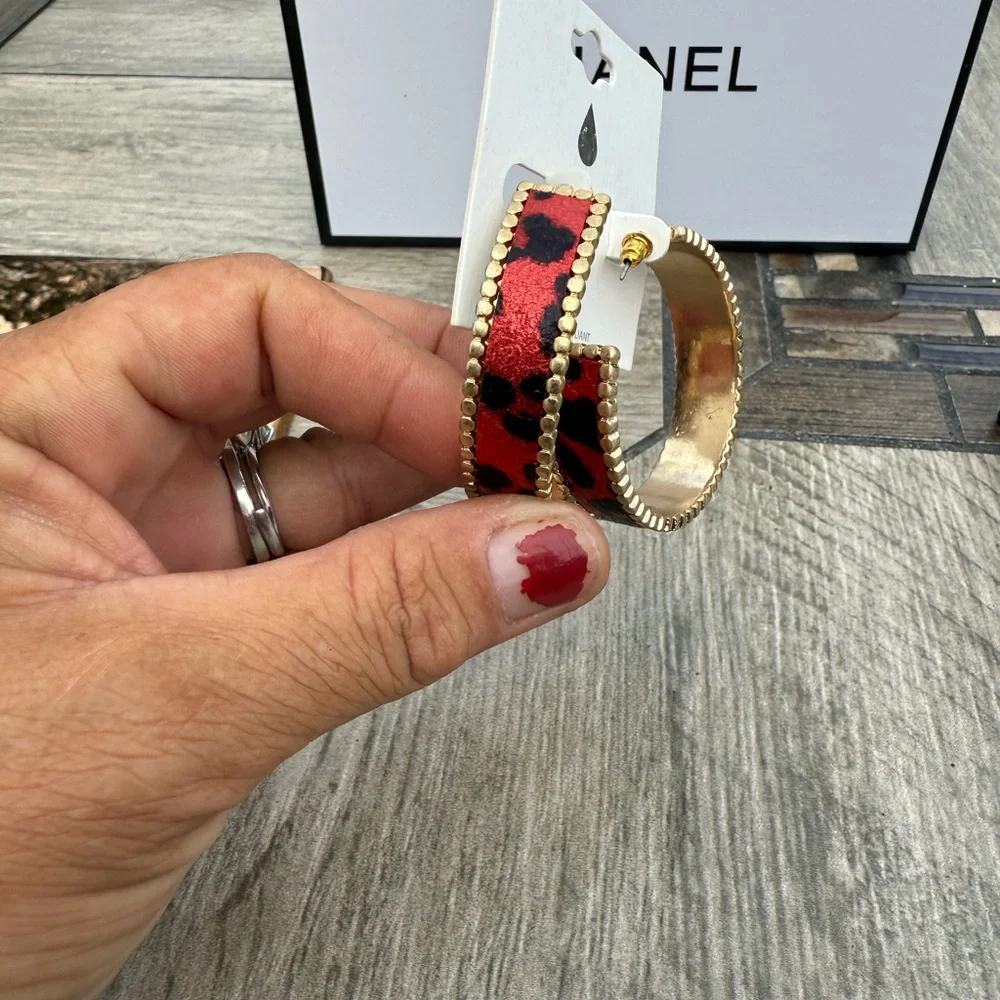 Gold Hoop Earrings with Red Leopard Print Accent